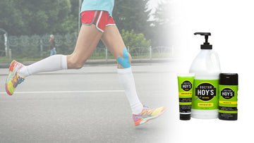 Doctor Hoy's Blog Post Benefits of Combining Therapy Tape with Pain Relief Gel, Person Running with KT Tape