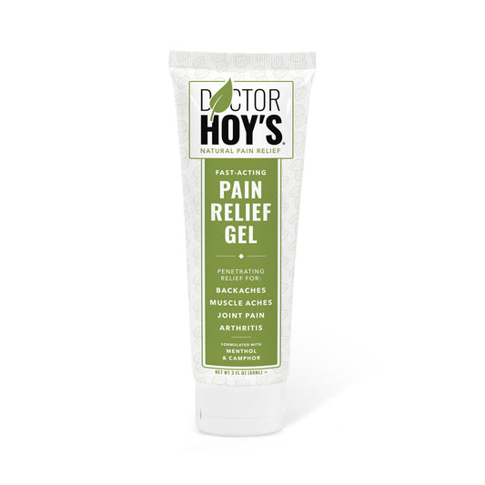 Pain Relief Gel bottle for backaches, arthritis, sprains, joints, muscles, net contents 3 FL OZ, 89ML, green, white bottle.