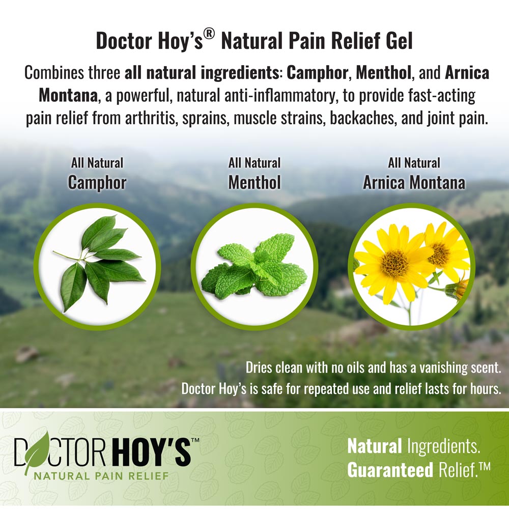 Doctor Hoy’s Natural Pain Relief Gel combines three all natural ingredients: Camphor, Menthol, and Arnica Montana, a powerful, natural anti-inflammatory, to provide fast-acting pain relief from arthritis, sprains, muscles strains, backaches, and joint pain. Dries clean with no oils and has a vanishing scent. Safe for repeated use and relief lasts for hours.
